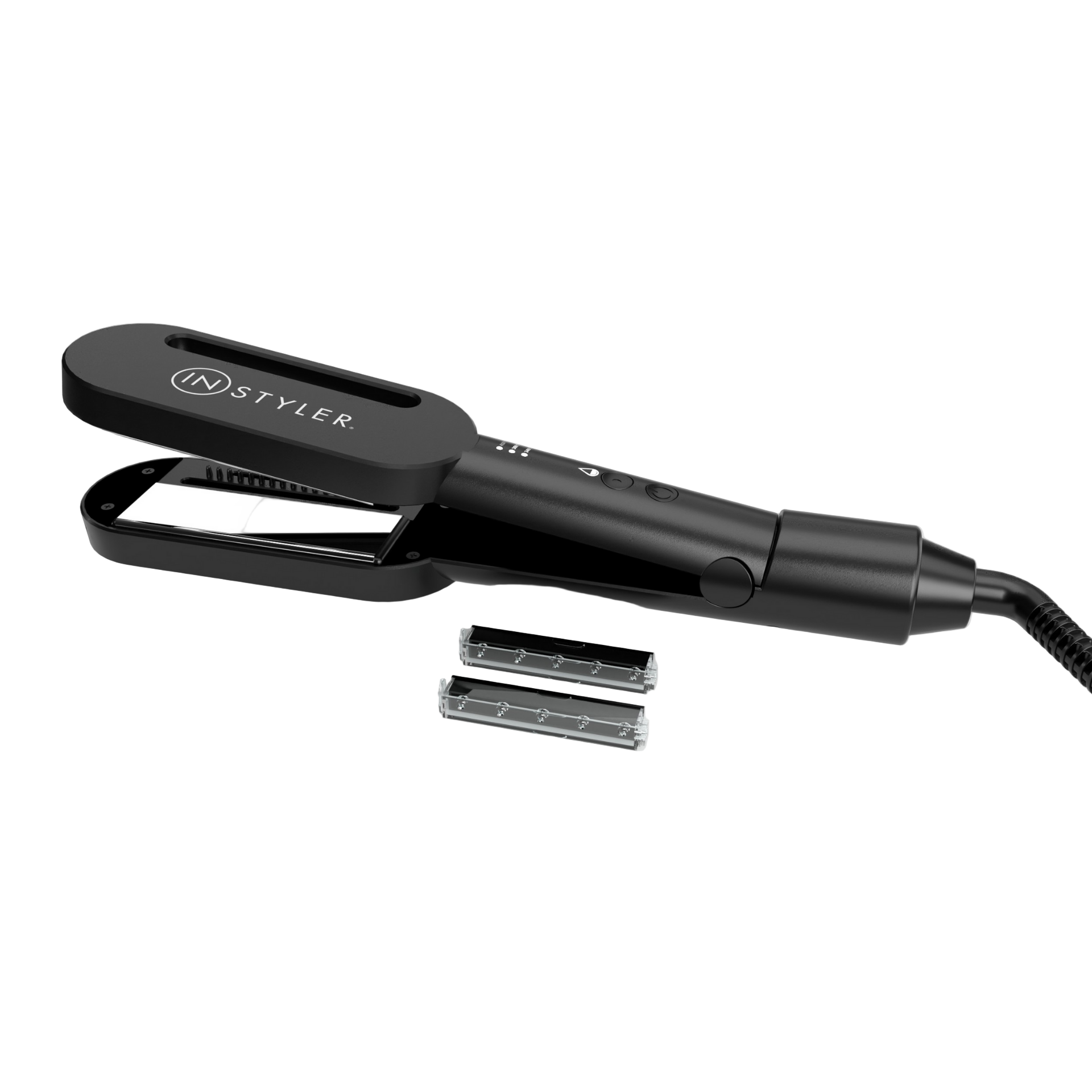 Black hair straightener with interchangeable plates on a white background