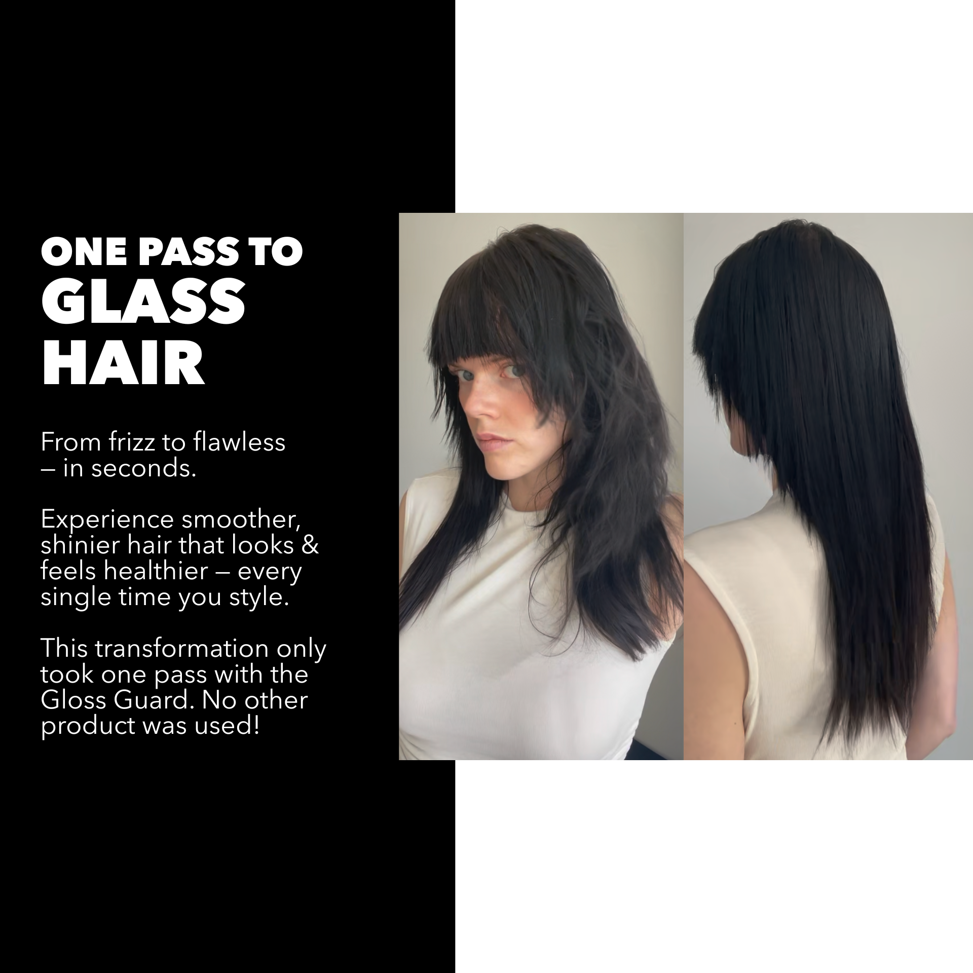 Before and after comparison of hair with text about Gloss Guard product.
