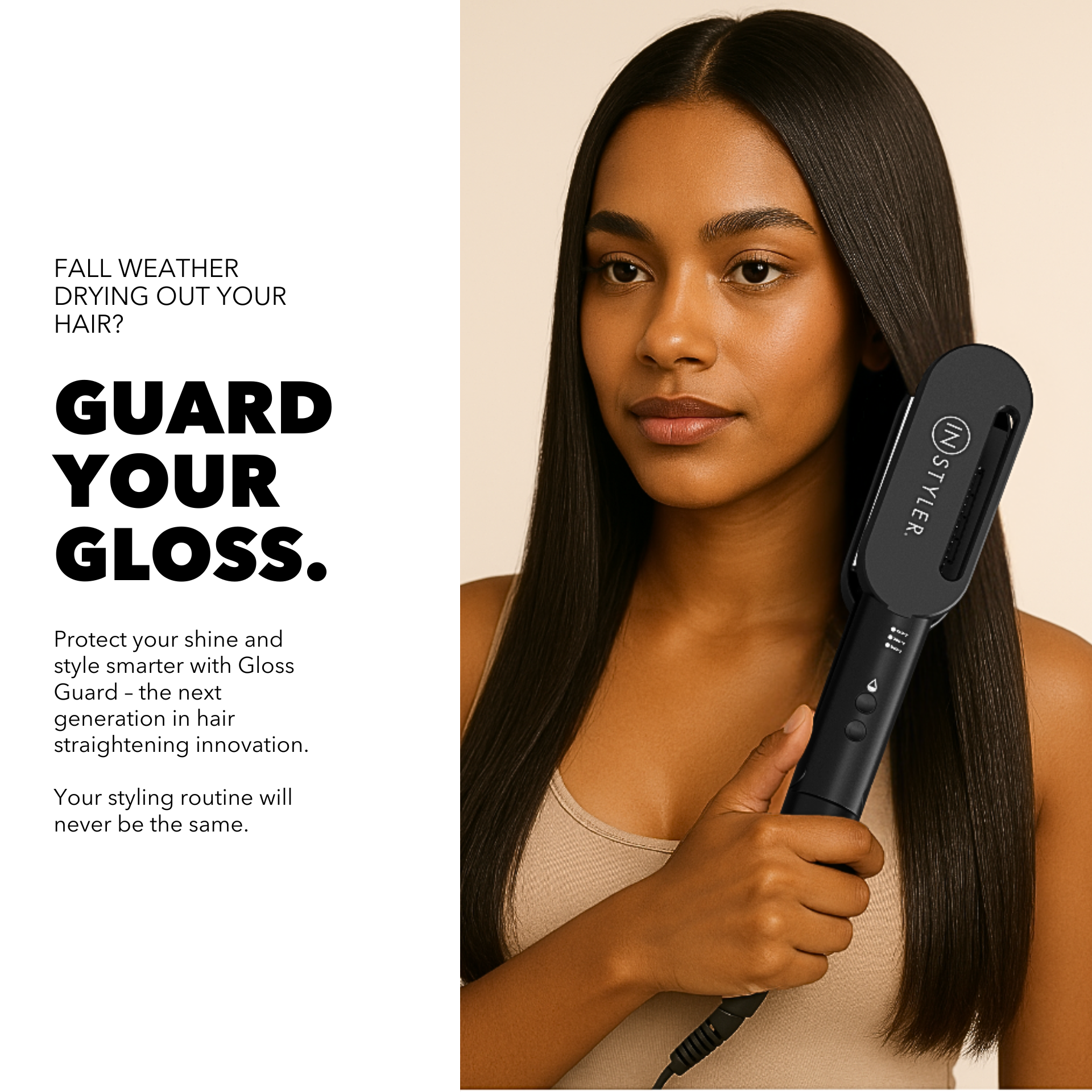 Woman using a hair straightener with text about protecting hair from fall weather damage.